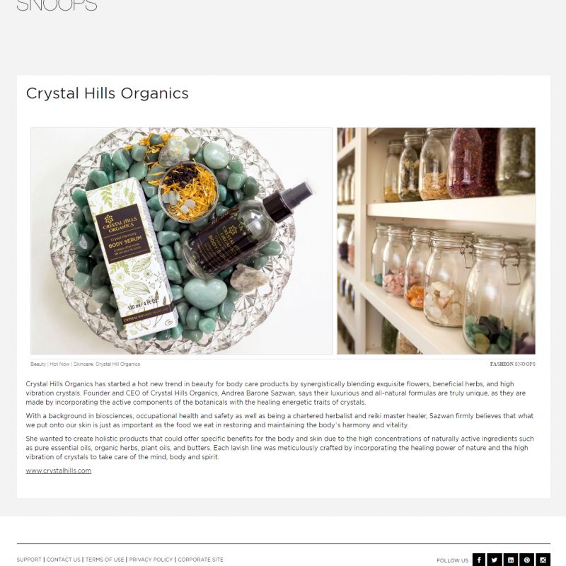 Fashion Snoops features Crystal Hills Organics