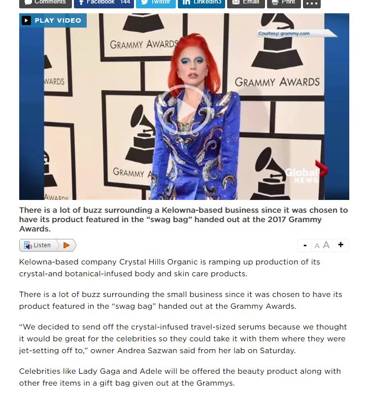 Global News features Andrea Barone from Crystal Hills Organics about having products in the Grammy Swag Bags