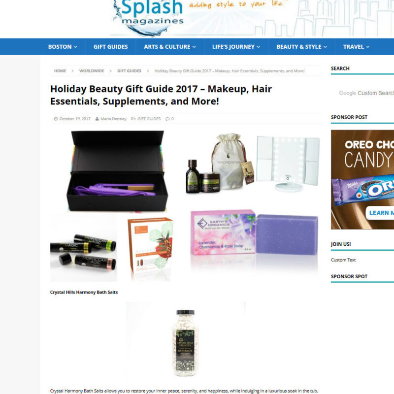 Splash Magazines feature Crystal Hills Organics Crystal Harmony Bath Salts