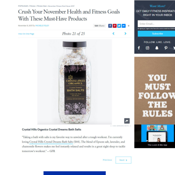 Popsugar features Crystal Dreams Bath Salts from Crystal Hills Organics