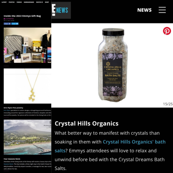 E!News features Crystal Dreams Bath Salts in Emmy Bag from Crystal Hills Organics