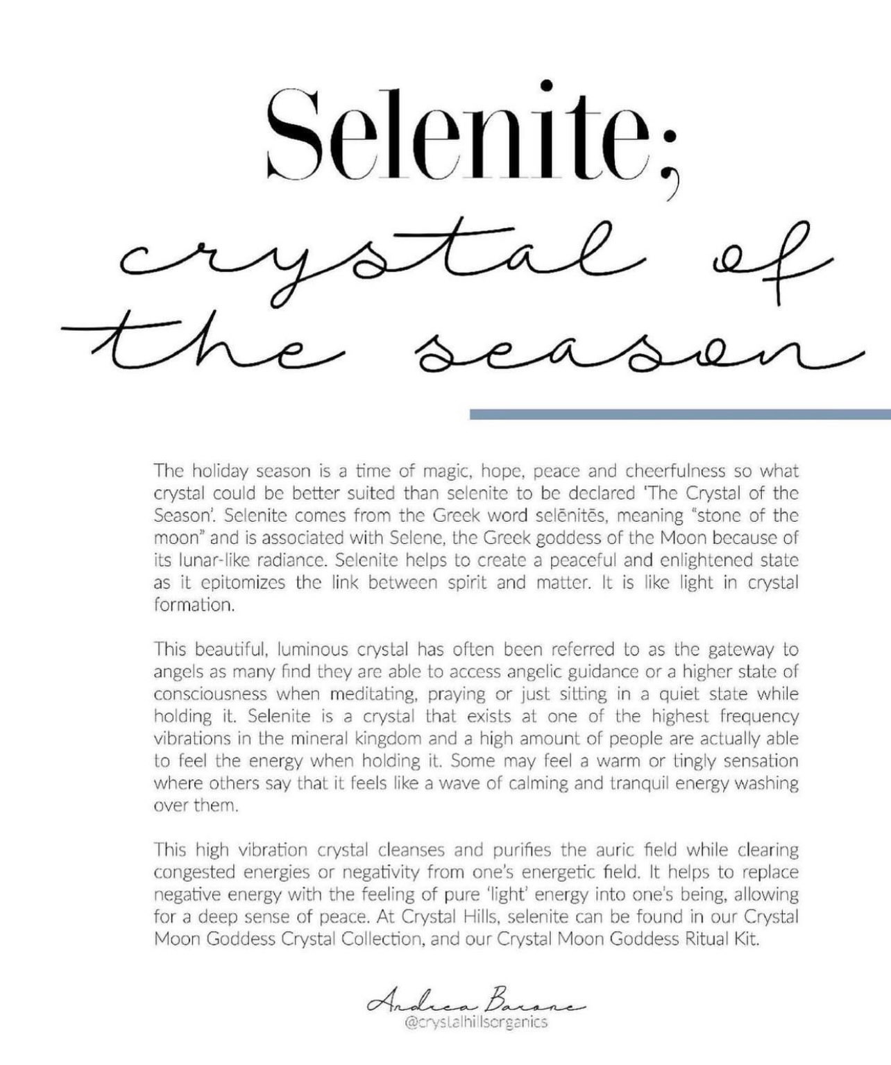 Crystal Hills Organics in Skye Magazine with Andrea Barone writing about Selenite: Crystal of the season