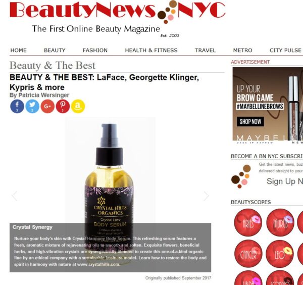 Beauty News NYC features Crystal Hills Organics