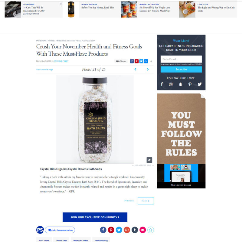 Popsugar features Crystal Hills Organics